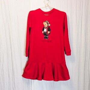 Polo Ralph Lauren Girls Red Long-Sleeve Dress Ruffle Hem Polo Bear XL (16)